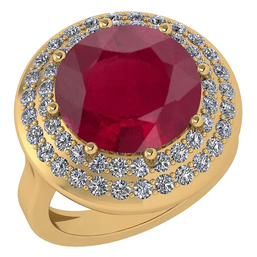 Certified 7.30 Ctw Ruby And Diamond Halo Ring 14K Yellow Gold: Center Stone Weight Approx ; 6.00 Ctw (1 Pcs Round) Center Stone Color: Ruby Center Stone Setting ; Prong Side Stone (52 Pcs Round Cut Diamond) 1.30 ctw Side Stone Color: White G-H Diamond Side Stone