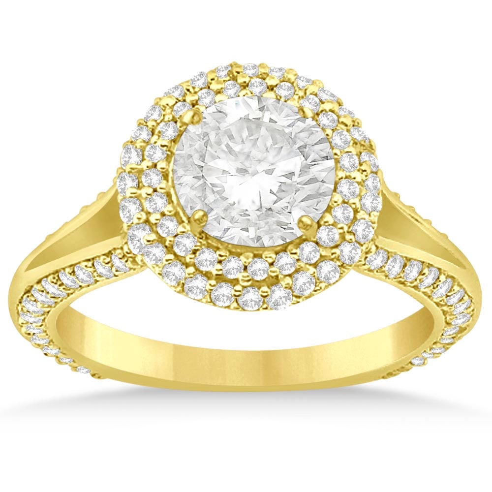 Double Halo Diamond Engagement Ring Setting 18k Yellow Gold 2.00ctw: CENTER STONE; DIAMOND (1.00 CTW) CENTER STONE CLARITY; SI1-SI2 CENTER STONE COLOR; J-K CENTER STONE SETTING; SIDE STONE CLARITY; SI1-SI2 SIDE STONE COLOR; J-K SIDE STONE SETTING; Pave ctw OF SIDE STON