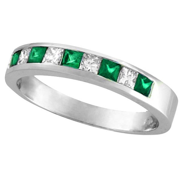 Princess-Cut Diamond and Emerald Ring Band 14k White Gold 0.73ctw: CENTER STONE; Emerald CENTER STONE CLARITY; CENTER STONE COLOR; Green CENTER STONE SETTING; Channel SIDE STONE CLARITY; SI SIDE STONE COLOR; J-K SIDE STONE SETTING; Channel ctw OF SIDE STONE: 0.23 SID