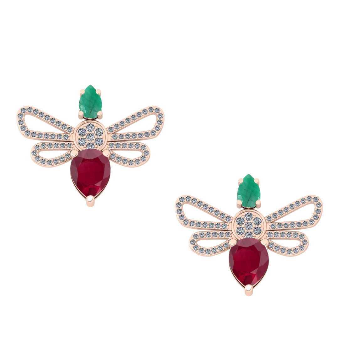 5.85 Ctw SI2/I1 Multi Stone And Diamond 14K Rose Gold Creature Earrings: Multi Stone Weight : 5.00 Ctw ( Pear Cut ) Multi Stone Color : Ruby,Emerald Multi Stone Setting : Prong Side Stone Weight Of Ctw 0.85 Ctw Side Stone Color : White G-H Diamond Stone Clarity : SI2/I1 St