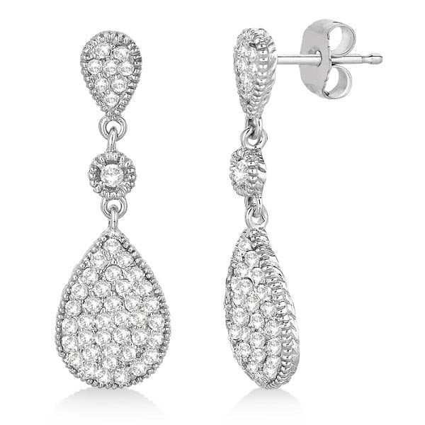 Milgrain Tear Drop Dangling Diamond Earrings 14k White Gold 0.65ctw: CENTER STONE; Diamond CENTER STONE CLARITY; SI1 CENTER STONE COLOR; J-K CENTER STONE SETTING; Pave SIDE STONE CLARITY; SIDE STONE COLOR; SIDE STONE SETTING; ctw OF SIDE STONE: SIDE STONE QUALITY; #PAP