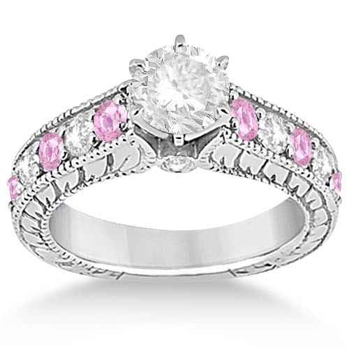 Vintage Style Diamond and Pink Sapphire Engagement Ring in 14k W Gold 2.41c: CENTER STONE; Diamond 1.00 ctw CENTER STONE CLARITY; SI1-SI2 CENTER STONE COLOR; J-K CENTER STONE SETTING; SIDE STONE CLARITY; Eye Clean,SI1-SI2,SI1-SI2 SIDE STONE COLOR; Pink,J-K,J-K SIDE STONE