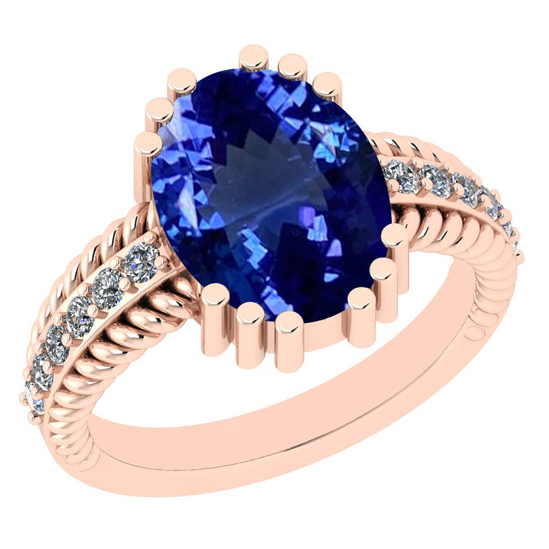 4.69 Ctw VS/SI1 Tanzanite And Diamond 14K Rose Gold Ring: Center Stone Approx Weight: 4.44 Ctw (Oval Cut) Center Stone Color: Tanzanite Center Stone Setting: Prong Side Stone 0.25 Ctw Side Stone Color: H-I Stone Clarity: VS/SI1 Stone Setting: Prong Metal App