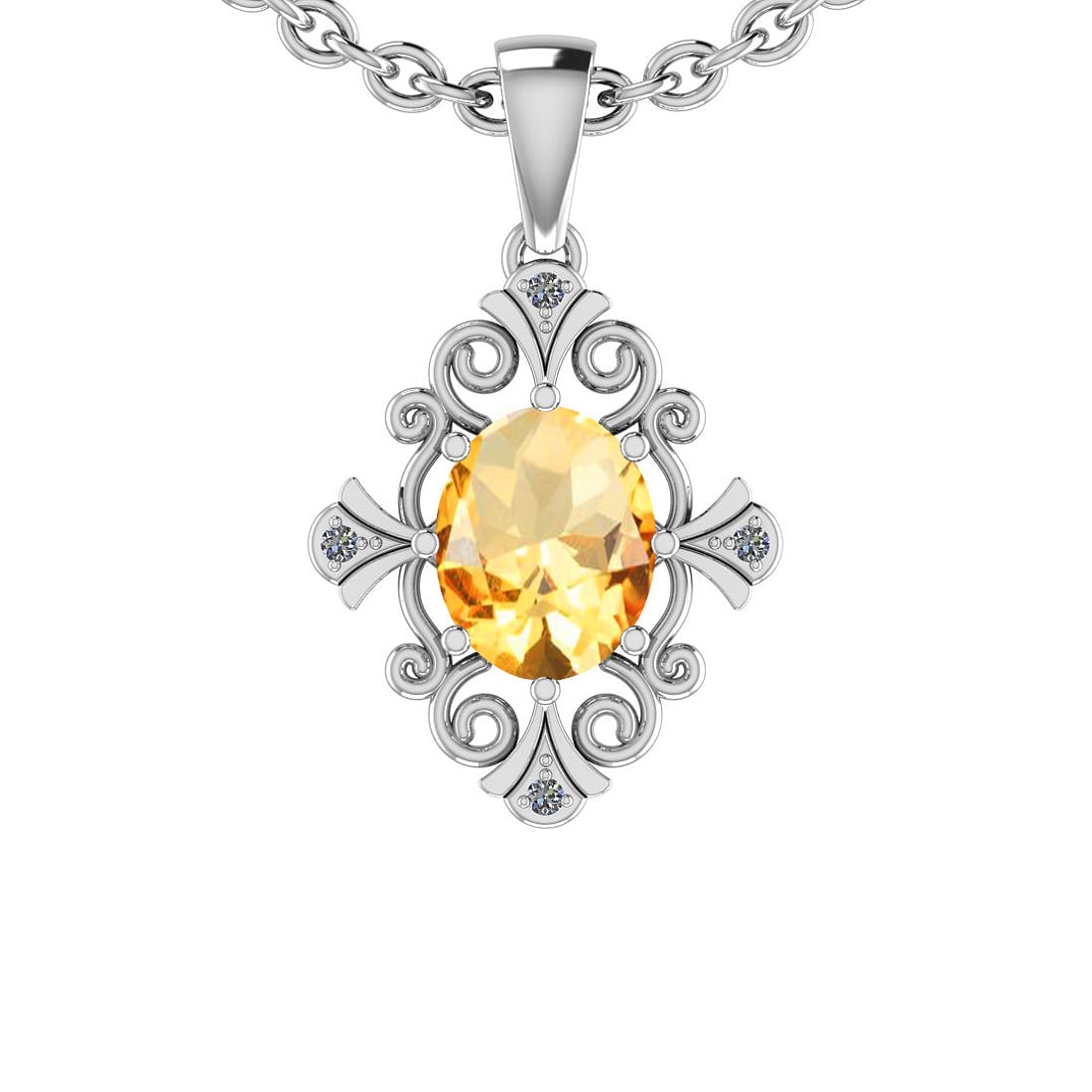 2.55 Ctw I2/I3 Citrine And Diamond 10K White Gold Filigree Pendant: Color Stone Weight : 2.50 Ctw (Oval Cut ) Center Stone Color : Citrine Center Stone Setting : Prong Side Stone Weight Of Ctw 0.05 Ctw Side Stone Color : G-H Stone Clarity : I2/I3 Stone Setting : Prong