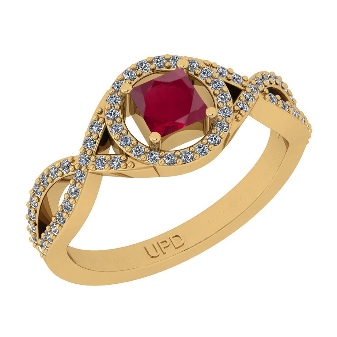 0.70 Ctw SI2/I1Ruby And Diamond 14K Yellow Gold Ring: Center Stone Weight : 0.39 Ctw ( Princess Cut) Center Stone Color :-Ruby Stone Setting : Prong Side Stone Weight Of Ctw 0.31 Ctw Side Stone Color : J-K Stone Clarity : SI2/I1 Stone Setting : Prong Met