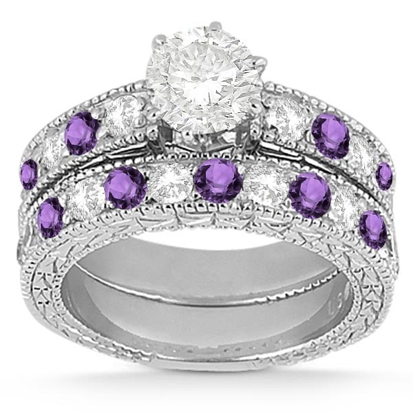 Antique style Diamond and Amethyst Bridal Set 14k White Gold 1.80ctw: CENTER STONE1.00Ctw ; Diamond CENTER STONE CLARITY; Eye Clean#SI1-SI2 CENTER STONE COLOR; Purple,J-K CENTER STONE SETTING; Pave,Pave SIDE STONE CLARITY; SIDE STONE COLOR; SIDE STONE SETTING; 0.80 Ctw 