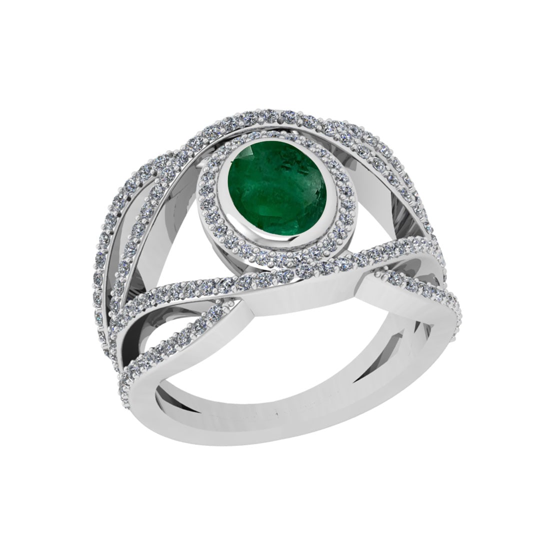 2.03 Ctw SI2/I1 Emerald And Diamond 14K White Gold Engagement Ring: Center Stone Weight : 1.28 Ctw (Oval Cut ) Center Stone Color : Emerald Stone Setting : Prong Side Stone Weight Of Ctw 0.75 Ctw Side Stone Color : J-K Stone Clarity : SI2/I1 Stone Setting : Prong Meta