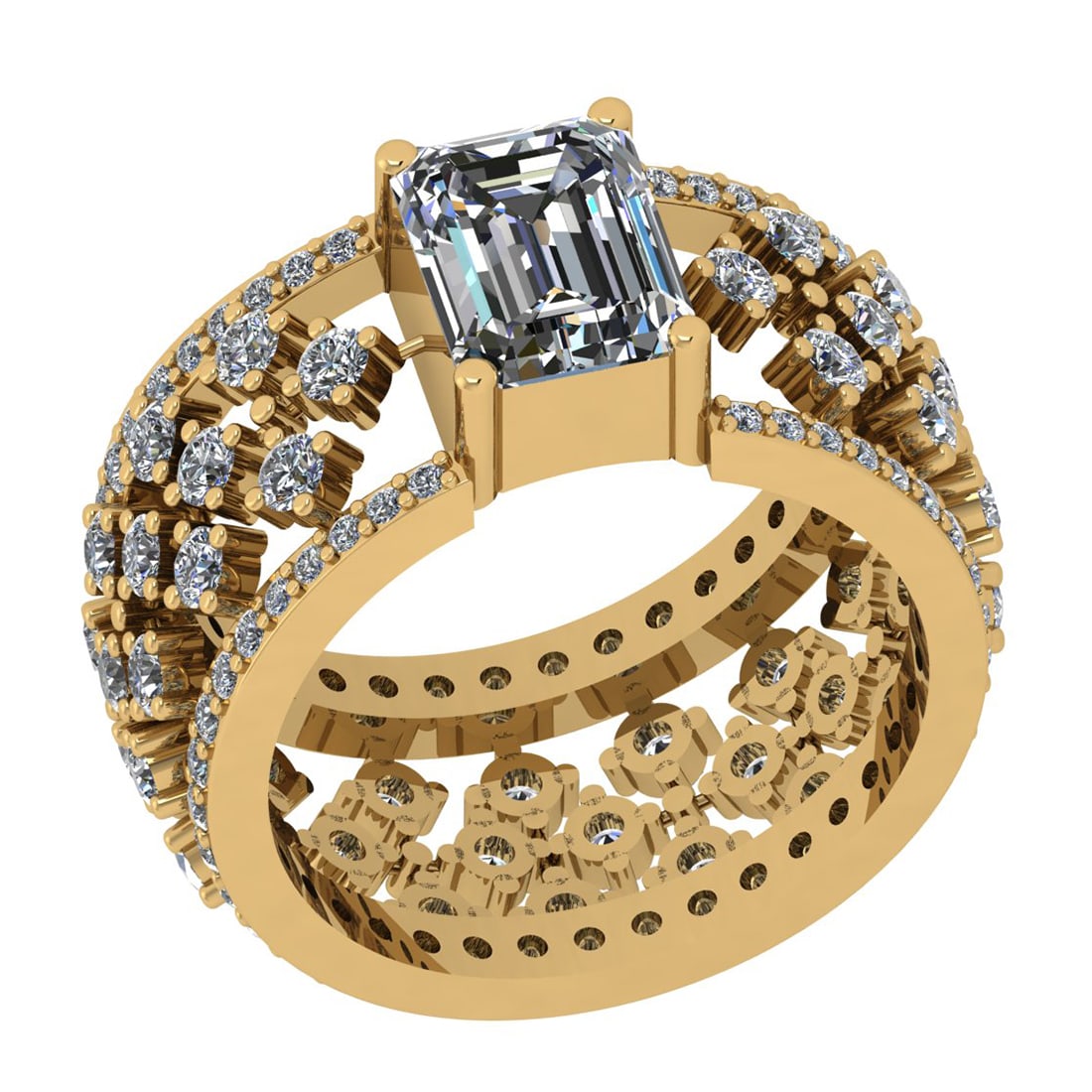 1.60 Ctw SI2/I1 Diamond 14K Yellow Gold Groom Engagement Ring: Center Diamond Weight : 0.90 Ctw (Emerald Cut) Center Diamond Color : J-K Center Stone Setting : Prong Center Stone Clarity : SI2/I1 Side Stone Weight Of Ctw 0.70 Ctw Side Stone Color : J-KStone Clari
