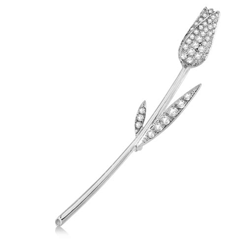 Vintage Style Rose Shaped Flower Diamond Brooch 14K White Gold 1.00ctw: CENTER STONE; Diamond CENTER STONE CLARITY; SI1-2 CENTER STONE COLOR; J-K CENTER STONE SETTING; Prong SIDE STONE CLARITY; SIDE STONE COLOR; SIDE STONE SETTING; ctw OF SIDE STONE: SIDE STONE QUALITY;