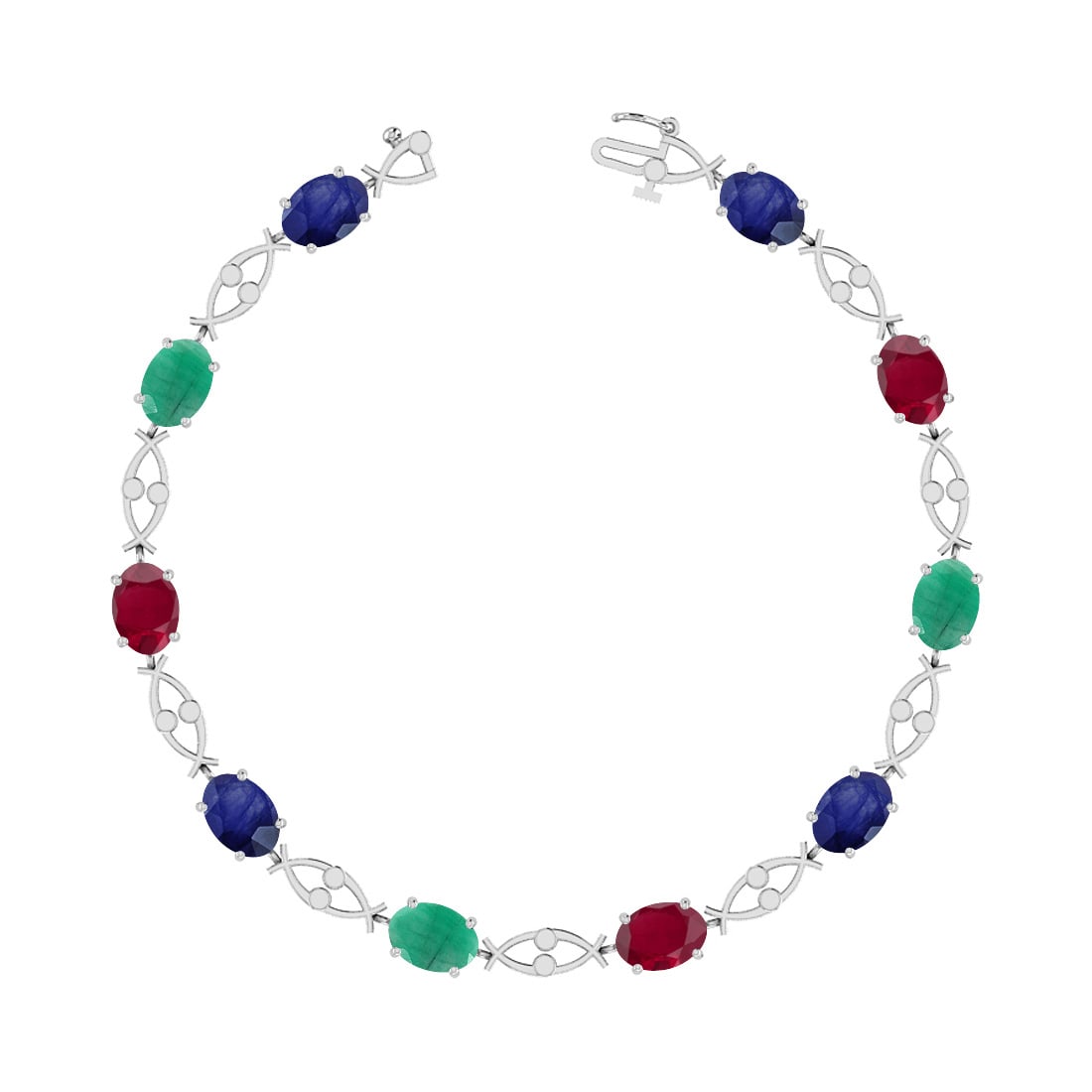5.00 Ctw Multi Stone 14K White Gold Bracelet: Multi Stone Weight : 5.00 Ctw ( 10 Psc Oval Cut) Multi Stone Color :-Emerald,Ruby,Blue Sapphire Multi Stone Setting : Prong Metal Weight : Approx 8.30 gram 14K White Gold Bracelet B8201 #PAPPS60270v7
