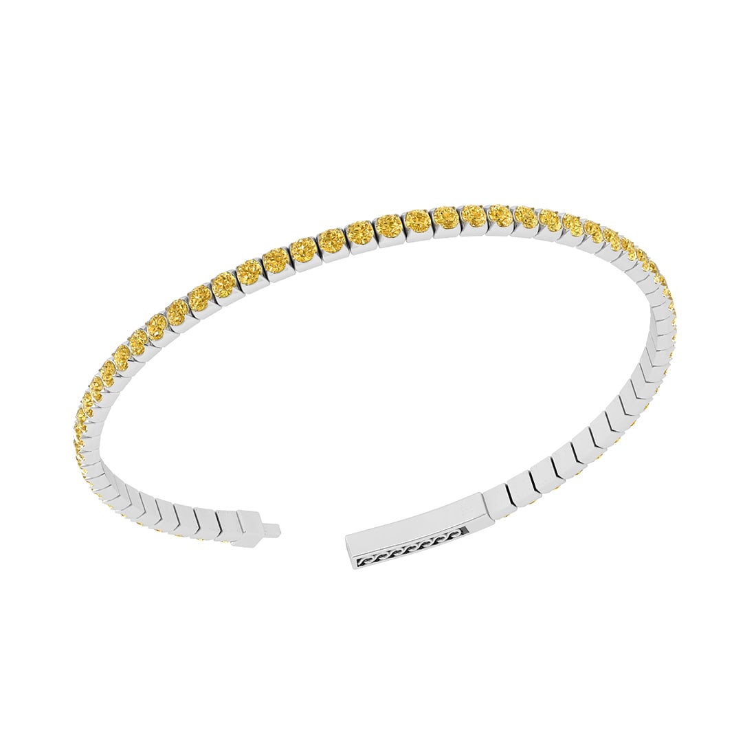 1.20 Ctw i2/i3 Treated Fancy Yellow Diamond 14K White Gold Bangle: Center Diamond Weight : 1.20 Ctw (Round Cut) Center Diamond Color :-Treated Fancy Yellow Diamond Center Clarity : i2/i3 Stone Setting : Prong Metal Weight : Approx 9.20 Gram 14K White Gold Bangle MJ40