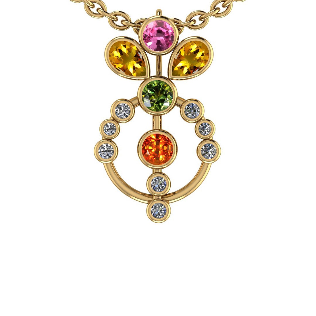 1.48 Ctw I2/I3 Multi Stone And Diamond 14K Yellow Gold Pendant: Center Stone Weight : 1.25 Ctw (Round & Pear Cut) Center Stone Color :-Pink,Green,Yellow,Orange Sapphire Stone Setting : Bezel Side Stone Weight Of Ctw 0.23 Ctw Side Stone Color : J-K Stone Clarity : 