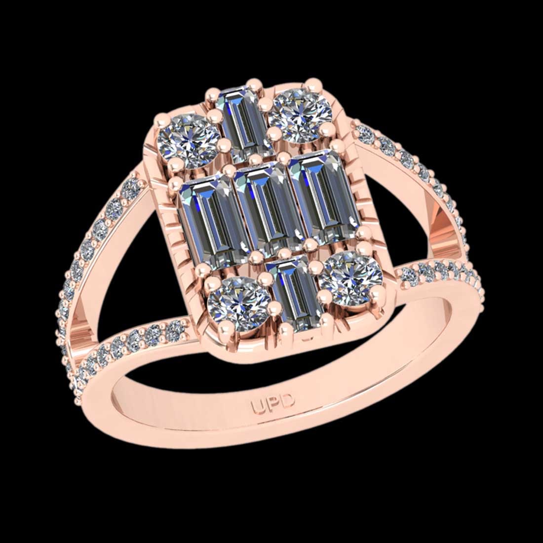 1.25 Ctw SI2/I1 Diamond 14K Rose Gold Engagement Ring: Center Diamond Weight : 1.00 Ctw ( baguette Cut) Center Color :-J-K Center Stone Clarity :- SI2/I1 Center Stone Setting : Prong Side Stone Weight Of Ctw 0.25 Ctw Side Stone Color : J-K Stone Clarity