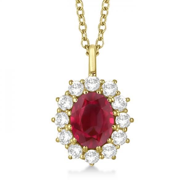 Oval Ruby and Diamond Pendant Necklace 14k Yellow Gold 3.60ctw: CENTER STONE; Ruby CENTER STONE CLARITY; Eye Clean #SI CENTER STONE COLOR; Red CENTER STONE SETTING; Prong SIDE STONE CLARITY; SI1-SI2 SIDE STONE COLOR; J-K SIDE STONE SETTING; Prong ctw OF SIDE STONE
