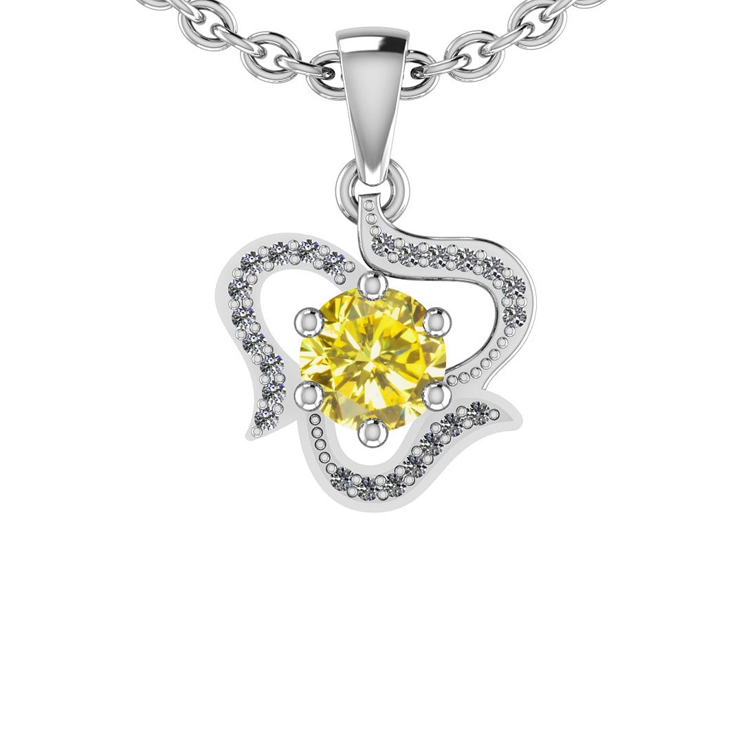 0.92 Ctw i2/i3 Treated Fancy Yellow And White Dimaond 14K White Gold Pendan: Center Diamond Weight : 0.80 Ctw ( Round cut) Center Diamond Color : Treated Fancy Yellow Dimaond Center Clarity : i2/i3 Center Stone Setting : Prong Side Stone Weight Of Ctw 0.12 Ctw Side Stone Color
