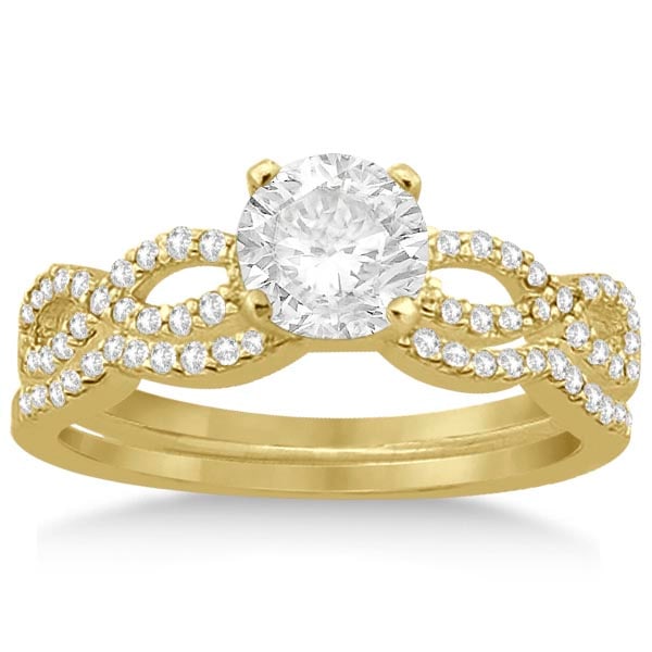 Infinity Twisted Diamond Matching Bridal Set in 14K Yellow Gold 0.94ctw: CENTER STONE; 0.60 Ctw Diamond CENTER STONE CLARITY; SI1-SI2 CENTER STONE COLOR; J-K CENTER STONE SETTING; Micro Pave SIDE STONE CLARITY; SIDE STONE COLOR; SIDE STONE SETTING; 0.34 ctw OF SIDE STONE: 