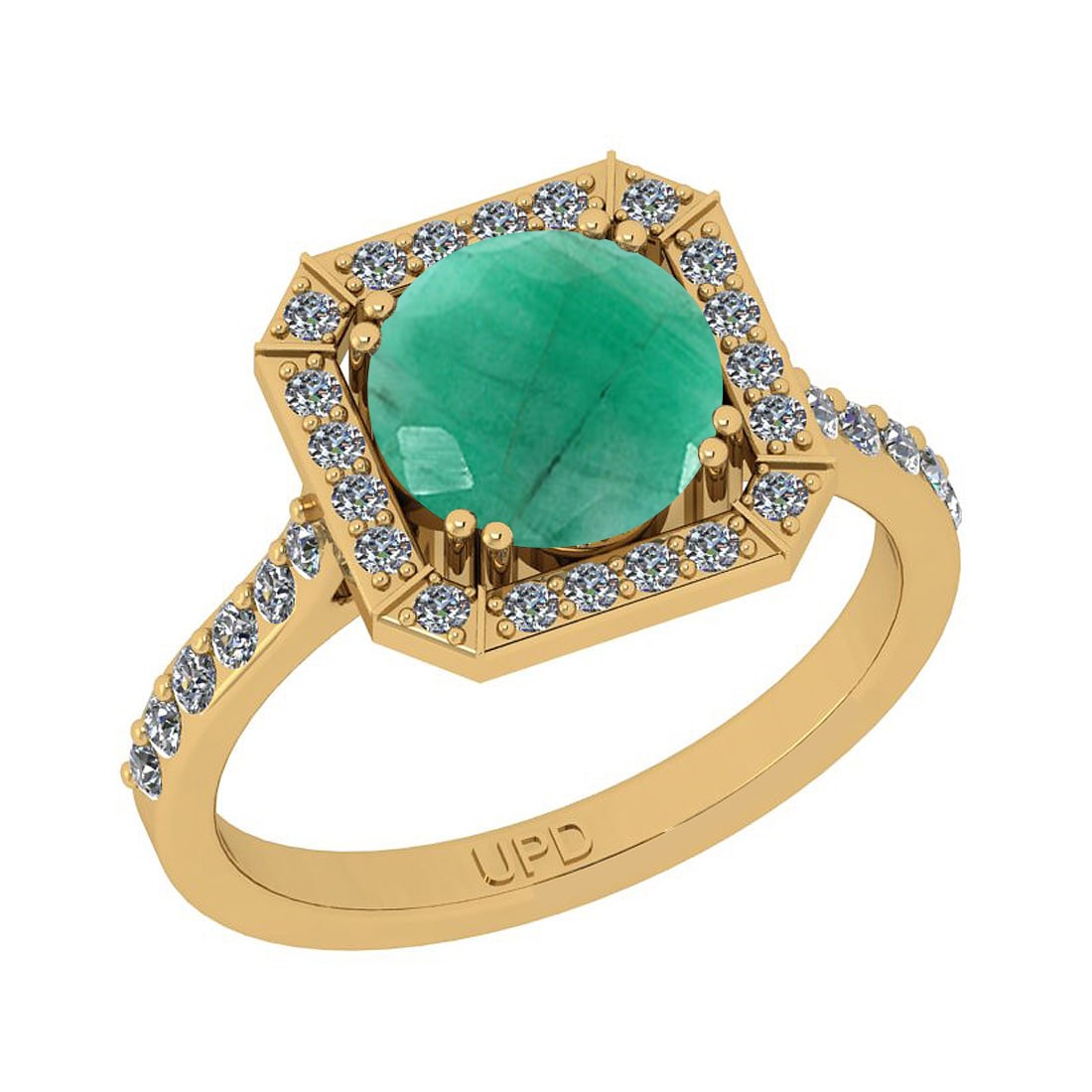 2.41 Ctw SI2/I1 Emerald And Diamond 14K Yellow Gold Cocktail Engagement Rin: Center Stone Weight : 2.00 Ctw ( Round Cut) Center Stone Color :-Emerald Stone Setting : Prong Side Stone Weight Of Ctw 0.41 Ctw Side Stone Color : J-K Stone Clarity : SI2/I1 Stone Setting : Prong Met