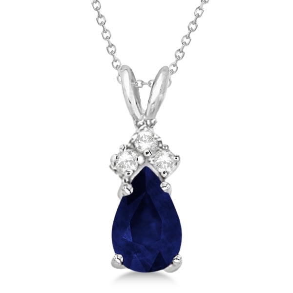 Pear Sapphire and Diamond Solitaire Pendant 14k White Gold 0.75ctw: CENTER STONE; Sapphire CENTER STONE CLARITY; CENTER STONE COLOR; Blue CENTER STONE SETTING; Prong SIDE STONE CLARITY; SI SIDE STONE COLOR; J-K SIDE STONE SETTING; Prong ctw OF SIDE STONE: 0.05 SIDE ST