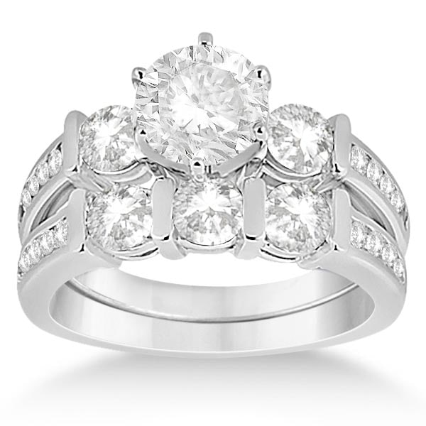 Channel and Bar-Set 3-Stone Diamond Bridal Set 18k White Gold 1.80ctw: CENTER STONE 0.80 ctw; Diamond,Diamond CENTER STONE CLARITY; SI1-SI2# CENTER STONE COLOR;J -K CENTER STONE SETTING; Bar,Channel SIDE STONE CLARITY; SI1-SI2,SIDE STONE COLOR; J-K SIDE STONE SETTING; Ba