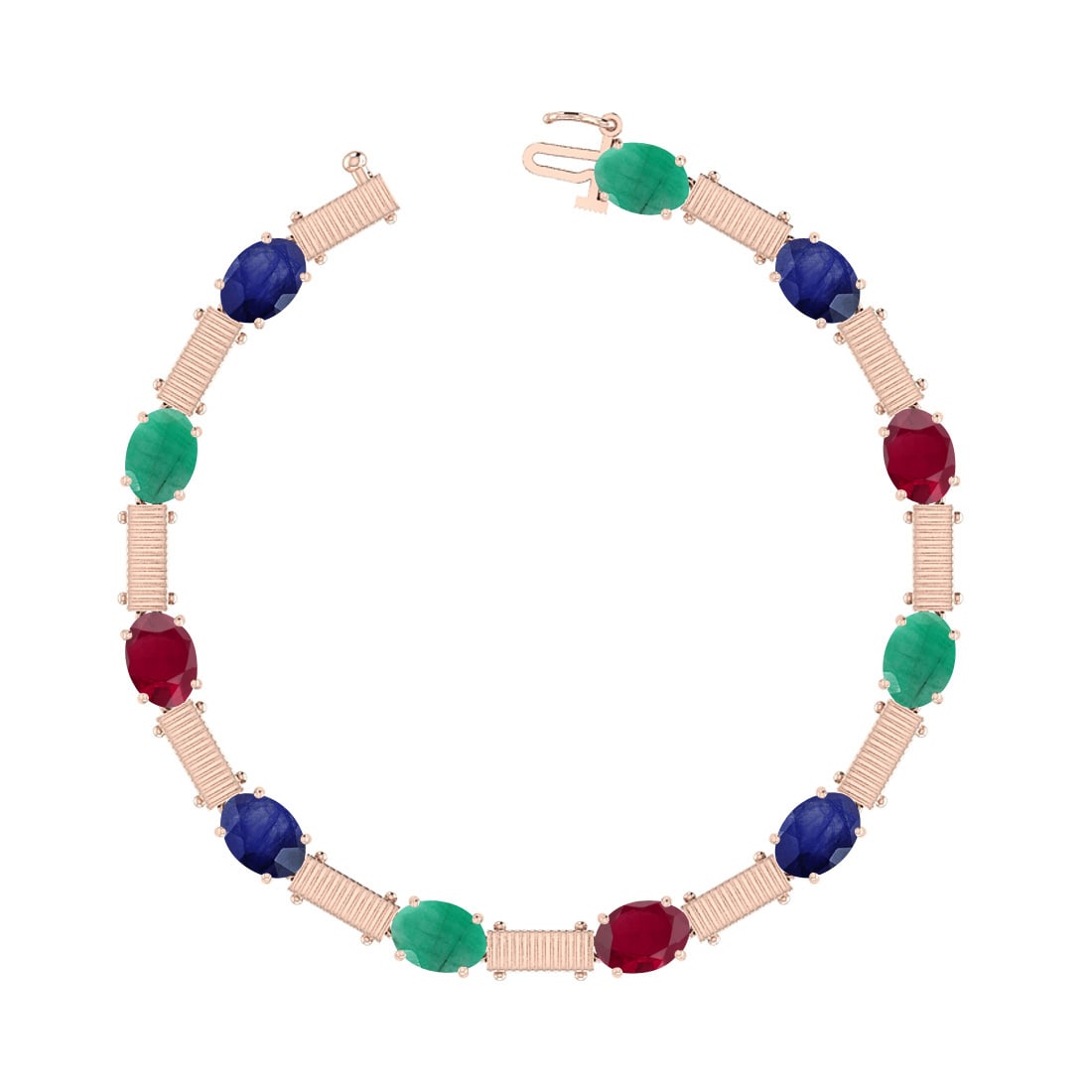 9.00 Ctw Multi Stone 14K Rose Gold Bracelet: Multi Stone Weight : 9.00 Ctw ( 12 Psc Oval Cut) Multi Stone Color :-Emerald,Ruby,Blue Sapphire Multi Stone Setting : Prong Metal Weight : Approx 12.20 gram 14K Rose Gold Bracelet #PAPPS60263v7