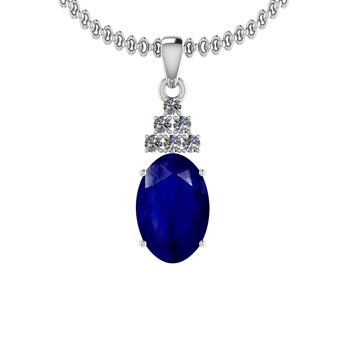 5.26 Ctw I2/I3 Blue Sapphire And Diamond 14K White Gold Necklace: Center Stone Weight : 5.00 Ctw (Oval Cut ) Center Stone Color : Blue Sapphire Center Stone Setting : Prong Side Stone Weight Of Ctw 0.26 Ctw Side Stone Color : J-K Stone Clarity : I2/I3 Stone Setting 