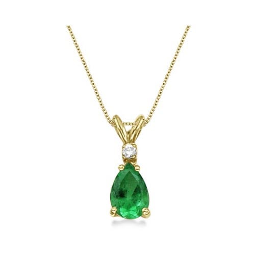 Pear Emerald and Diamond Solitaire Pendant Necklace 14k Yellow Gold: CENTER STONE; Emerald CENTER STONE CLARITY; CENTER STONE COLOR; CENTER STONE SETTING; Prong SIDE STONE CLARITY; SI SIDE STONE COLOR; H-I SIDE STONE SETTING; Prong ctw OF SIDE STONE: 0.05 SIDE STONE QU