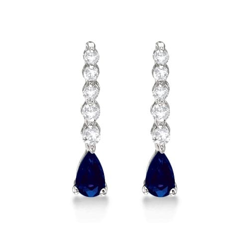 Pear Sapphire and Diamond Graduated Drop Earrings 14k White Gold 0.80ctw: CENTER STONE; Blue Sapphire CENTER STONE CLARITY; CENTER STONE COLOR; Blue CENTER STONE SETTING; Prong SIDE STONE CLARITY; SI SIDE STONE COLOR; J-K SIDE STONE SETTING; Prong ctw OF SIDE STONE: 0.2 SID