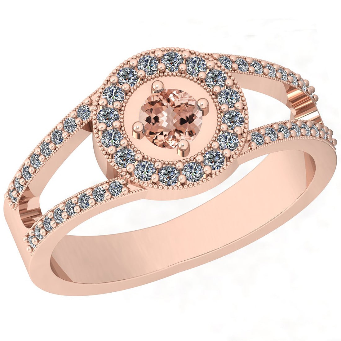 0.65 Ctw SI2/I1 Morganite And Diamond 14K Rose Gold Vintage Style Ring: Center Stone Weight : 0.25 Ctw ( Round Cut ) Center Stone Color :-Morganite Center Stone Setting : Prong Side Stone Weight Of Ctw 0.40 Ctw Side Stone Color : H-I Stone Clarity : SI2/I1 Stone Setting :