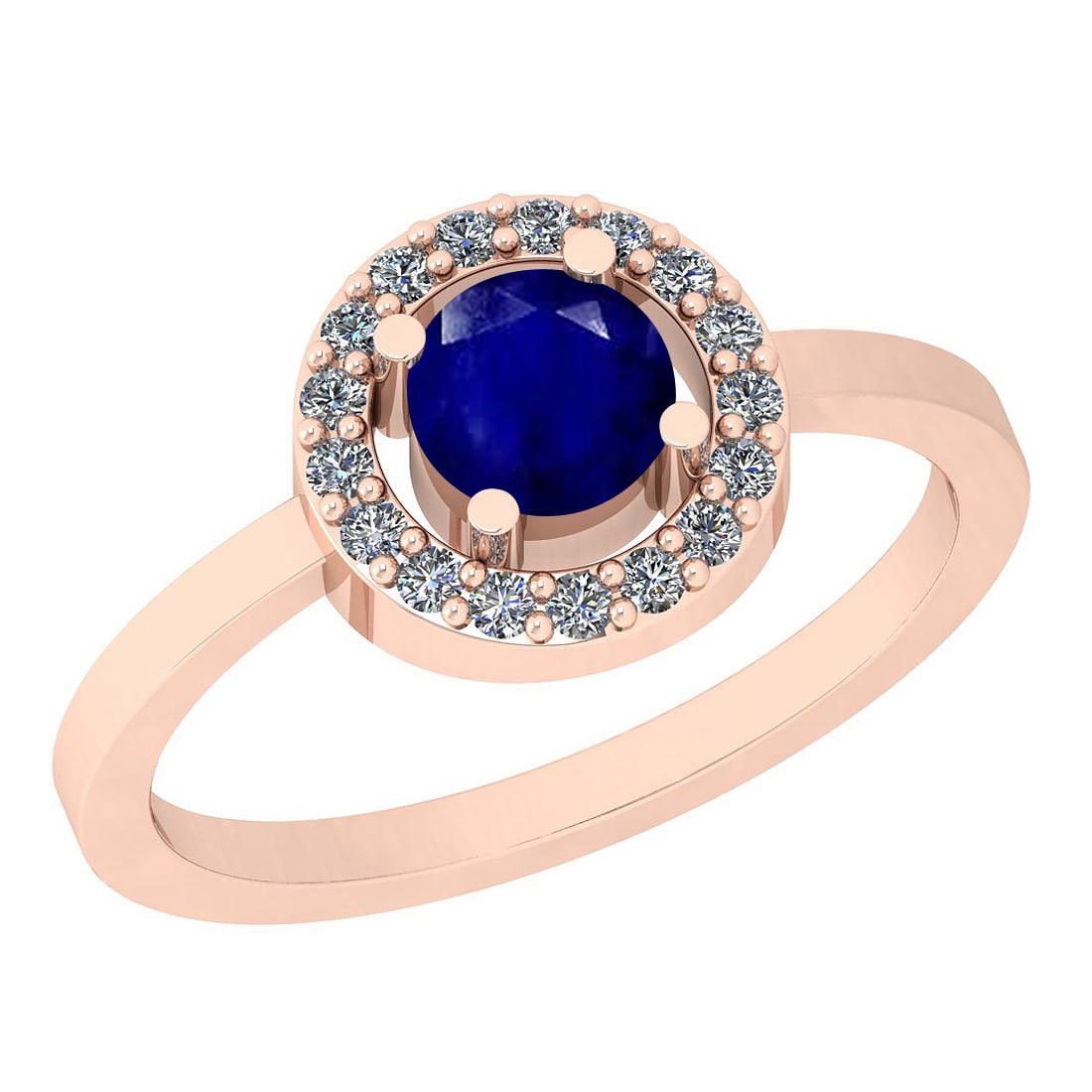0.62 Ctw I2/I3 Blue Sapphire And Diamond 14K Rose Gold Ring: Color Stone Weight : 0.50 Ctw (1 Psc Round ) Center Stone Color : Blue Sapphire Center Stone Setting : Prong Side Stone Weight Of Ctw 0.12 Ctw Side Stone Color : J-K Stone Clarity : I2/I3 Stone Settin
