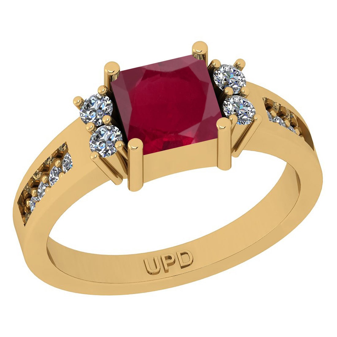 0.75 Ctw SI2/I1 Ruby And Diamond 14K Yellow Gold Ring: Center Stone Weight : 0.50 Ctw (Princess Cut ) Center Stone Color : Ruby Center Stone Setting : Prong Side Stone Weight Of Ctw 0.25 Ctw Side Stone Color : G-H Stone Clarity : SI2/I1 Stone Setting : Pr