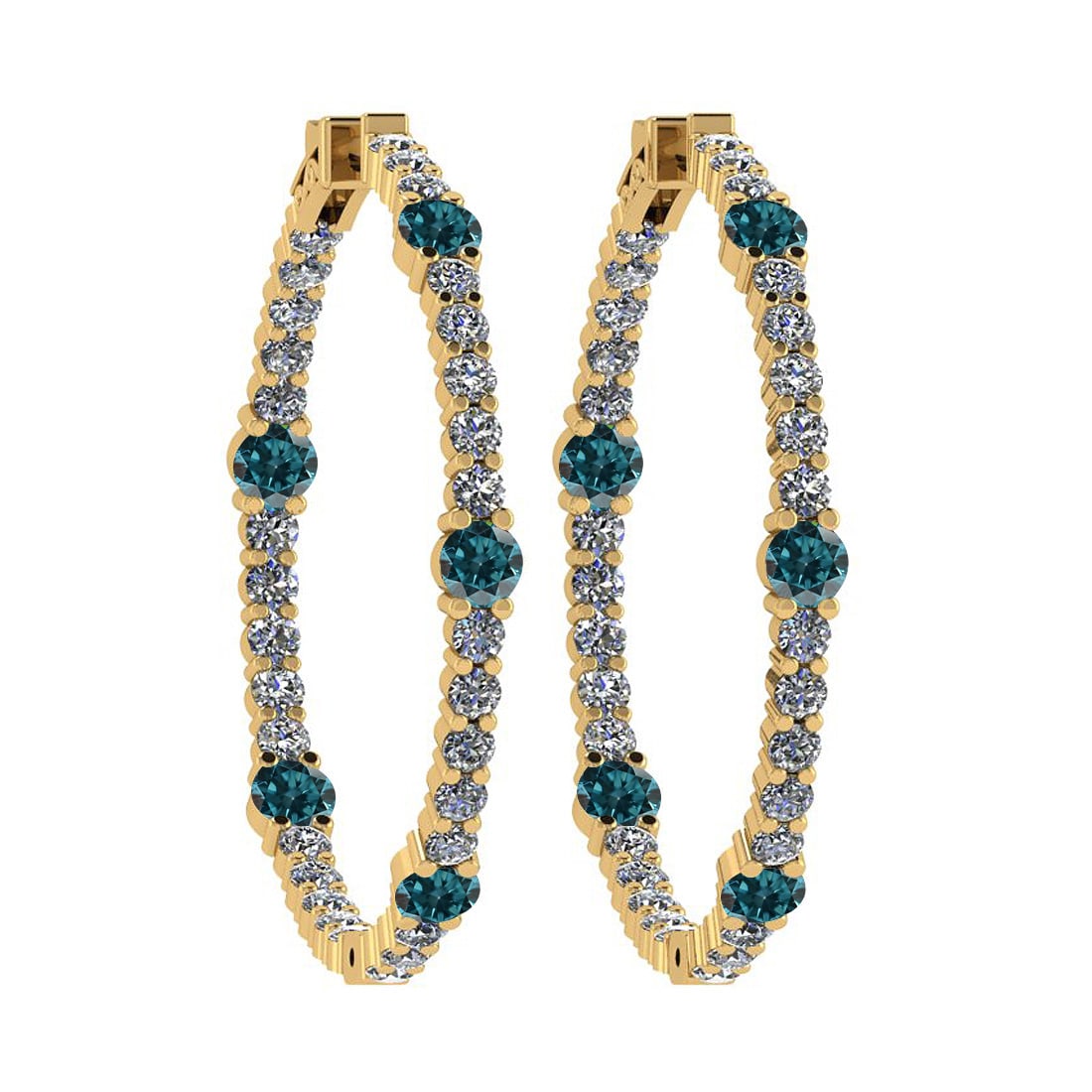 2.08 Ctw i2/i3 Treated Fancy Blue and White Diamond 14K Yellow Gold Hoop Ea: Color Stone Weight : 0.86 Ctw ( Round cut) Center Stone Color : Treated Fancy Blue Diamond Center Clarity : i2/i3 Center Stone Setting : Prong Side Stone Weight Of Ctw 1.22 Ctw Side Stone Color : J-K 