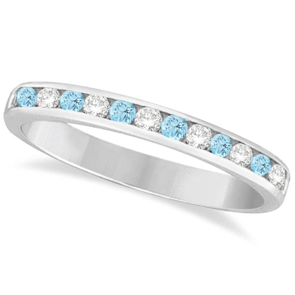 Aquamarine and Diamond Semi-Eternity Channel Ring 14k White Gold 0.40ctw: CENTER STONE; Aquamarine CENTER STONE CLARITY; CENTER STONE COLOR; Blue CENTER STONE SETTING; Channel SIDE STONE CLARITY; SI SIDE STONE COLOR; J-K SIDE STONE SETTING; Channel ctw OF SIDE STONE: 0.2 SI