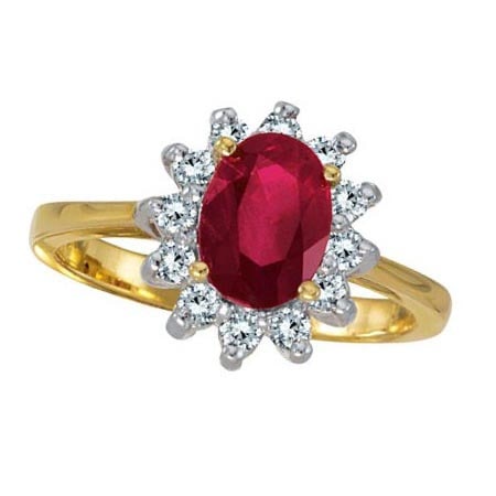 Lady Diana Oval Ruby and Diamond Ring 14k Yellow Gold 1.50 ctw: CENTER STONE; Ruby CENTER STONE CLARITY; CENTER STONE COLOR; CENTER STONE SETTING; Prong SIDE STONE CLARITY; SI SIDE STONE COLOR; J-K SIDE STONE SETTING; Prong ctw OF SIDE STONE: 0.3 SIDE STONE QUALIT