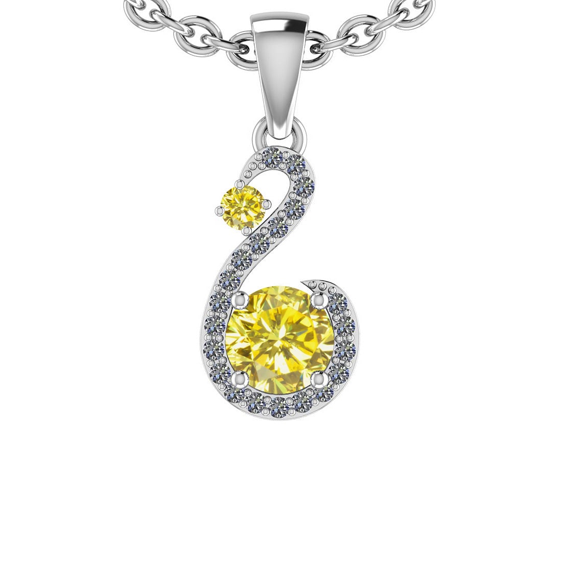 1.08 Ctw i2/i3 Treated Fancy Yellow And White Dimaond 14K White Gold Pendan: Center Diamond Weight : 0.85 Ctw ( Round cut) Center Diamond Color : Treated Fancy Yellow Dimaond Center Clarity : i2/i3 Center Stone Setting : Prong Side Stone Weight Of Ctw 0.23 Ctw Side Stone Color
