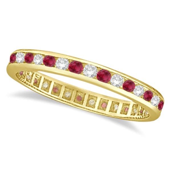 1.04ctw Ruby and Diamond Channel Set Ring Eternity Band 14k Yellow Gold: CENTER STONE; Diamond CENTER STONE CLARITY; SI CENTER STONE COLOR; J-K CENTER STONE SETTING; Channel SIDE STONE CLARITY; SIDE STONE COLOR; SIDE STONE SETTING; Channel ctw OF SIDE STONE: 0.54 SIDE STON