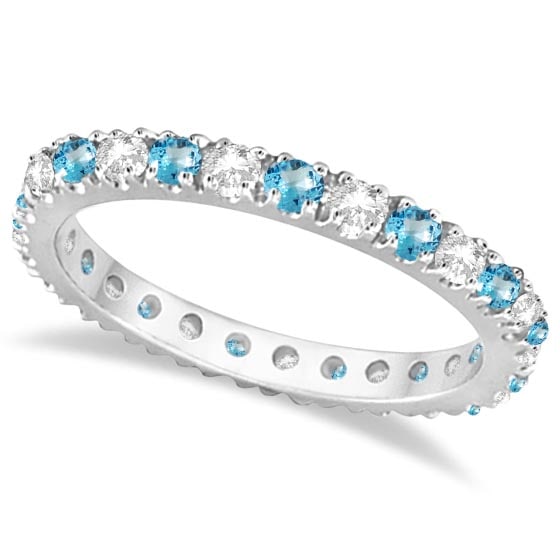 Diamond and Blue Topaz Eternity Ring Stack Band 14K White Gold 0.64ctw: CENTER STONE; Topaz CENTER STONE CLARITY; CENTER STONE COLOR; Blue CENTER STONE SETTING; Prong SIDE STONE CLARITY; SI SIDE STONE COLOR; J-K SIDE STONE SETTING; Prong ctw OF SIDE STONE: 0.25 SIDE STONE
