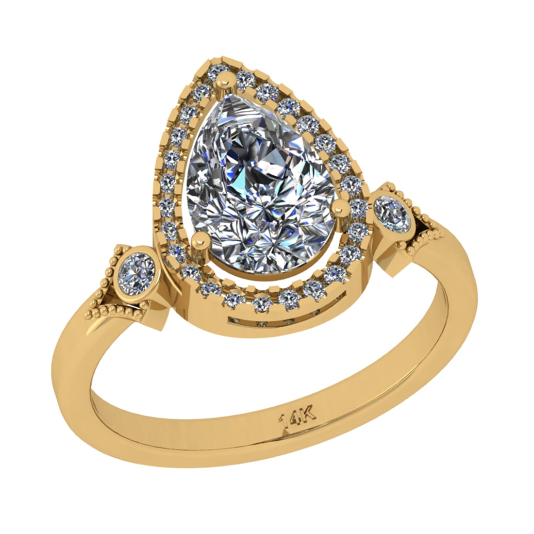 1.57 Ctw SI2/I1 Diamond 14K Yellow Gold Engagement Halo Ring: Center Diamond Weight : 1.40 Ctw (Pear Cut) Center Diamond Color : J-K Center Stone Setting : Prong Center Stone Clarity : SI2/I1 Side Stone Weight Of Ctw 0.17 Ctw Side Stone Color : J-KStone Clarity 