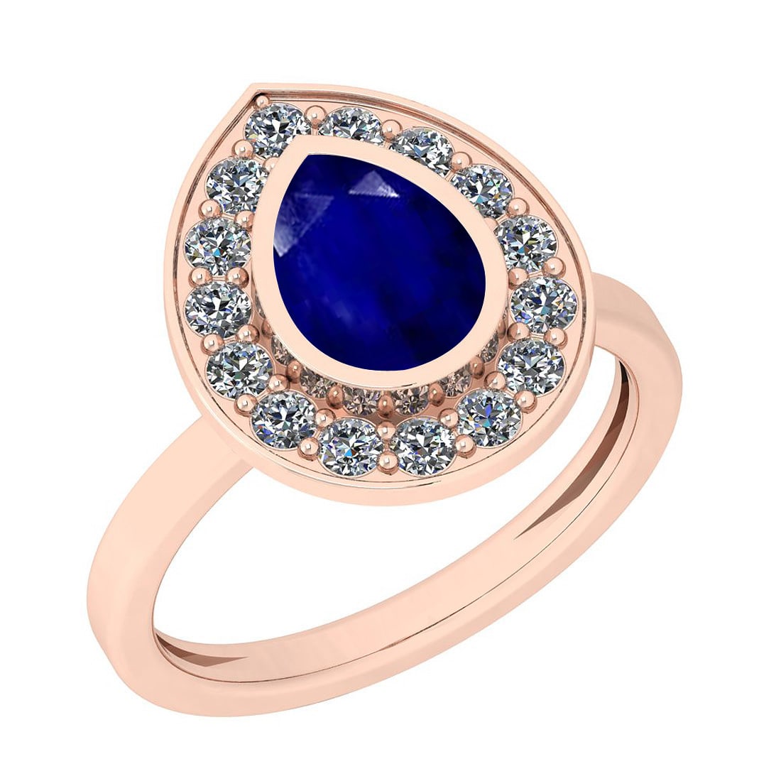 1.77 Ctw I2/I3 Blue Sapphire And Diamond 14K Rose Gold Ring: Color Stone Weight : 1.25 Ctw (1 Psc Pear ) Center Stone Color : Blue Sapphire Center Stone Setting : Prong Side Stone Weight Of Ctw 0.52 Ctw Side Stone Color : J-K Stone Clarity : I2/I3 Stone Setting