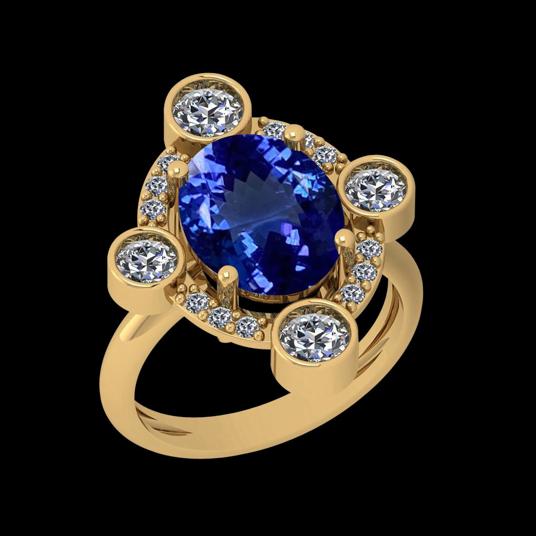 6.11 Ctw VS/SI1 Tanzanite And Diamond 10K Yellow Gold Vintage Style Ring: Color Stone Weight : 4.85 Ctw (1 Psc Oval ) Center Stone Color : Tanzanite Center Stone Setting : Prong Side Stone Weight Of Ctw 1.26 Ctw Side Stone Color : G-H Stone Clarity : VS/SI1 Stone Setting : 