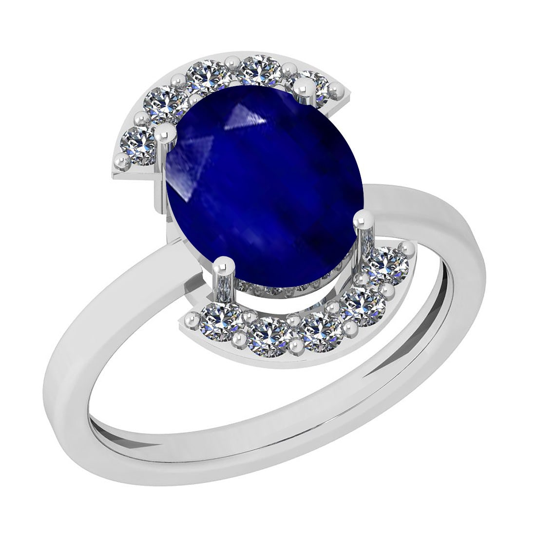 1.39 Ctw I2/I3 Blue Sapphire And Diamond 14K White Gold Ring: Color Stone Weight : 1.25 Ctw (1 Psc Oval ) Center Stone Color : Blue Sapphire Center Stone Setting : Prong Side Stone Weight Of Ctw 0.14 Ctw Side Stone Color : J-K Stone Clarity : I2/I3 Stone Setting