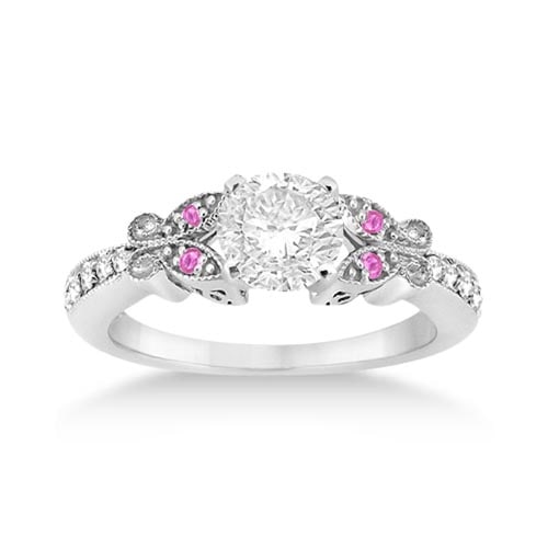 Butterfly Diamond and Pink Sapphire Engagement Ring 14k White Gold 1.20ctw: CENTER STONE; DIAMOND (1.00) CENTER STONE CLARITY; SI1-SI2 CENTER STONE COLOR; J-K CENTER STONE SETTING; SIDE STONE CLARITY; Eye Clean,SI1-SI2 SIDE STONE COLOR; Pink,J-K SIDE STONE SETTING; Pave,Pave
