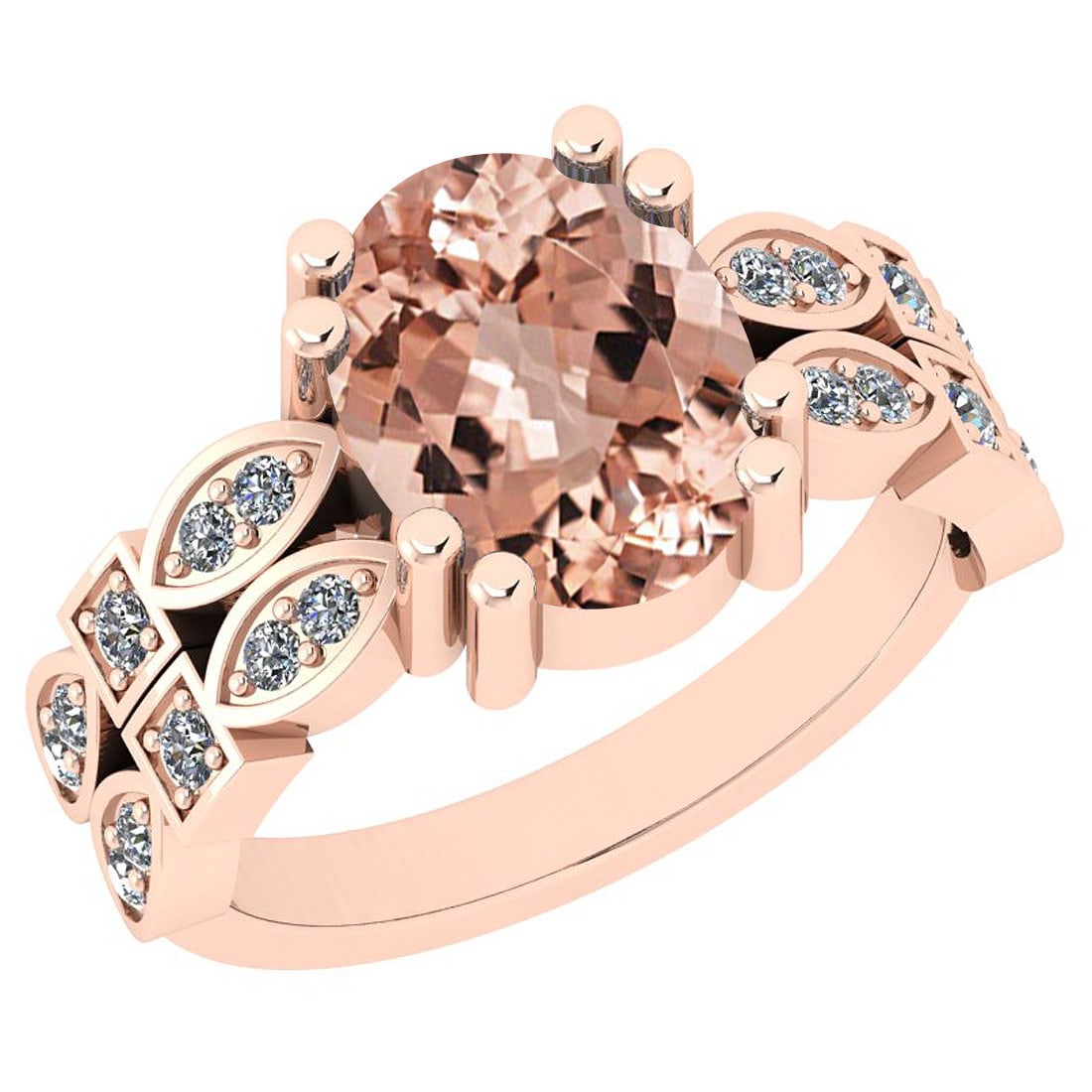 4.69 Ctw SI2/I1 Morganite And Diamond 14K Rose Gold Vintage Style Ring: Center Stone Weight : 4.48 Ctw ( Oval Cut ) Center Stone Color :-Morganite Center Stone Setting : Prong Side Stone Weight Of Ctw 0.21 Ctw Side Stone Color : H-I Stone Clarity : SI2/I1 Stone Setting : 