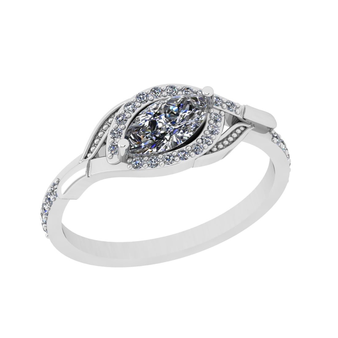 0.68 Ctw SI2/I1 Diamond 14K White Gold Engagement Halo Ring: Center Weight : 0.50 Ctw (Marquise Cut) Center Diamond Color : J-K Center Stone Setting : Prong Center Stone Clarity : SI2/I1 Side Stone Weight Of Ctw 0.18 Ctw Side Stone Color : G-H Stone Clarity : S