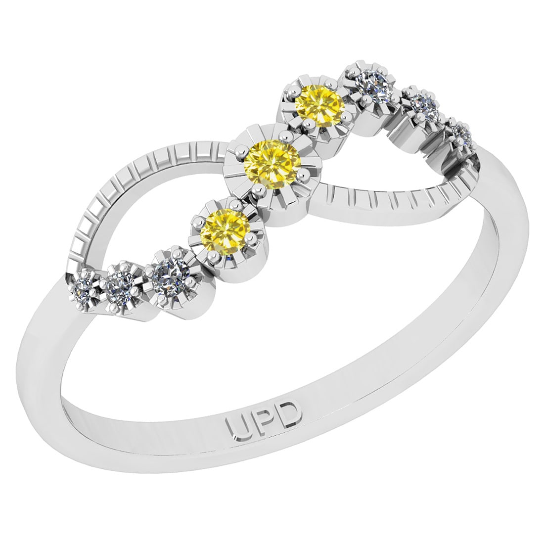0.35 Ctw i2/i3 Treated Fancy Yellow and White Diamond 14K White Gold Infini: Color Stone Weight : 0.20 Ctw ( Round cut) Center Stone Color : Treated Fancy Yellow Diamond Center Clarity : i2/i3 Center Stone Setting : Prong Side Stone Weight Of Ctw 0.15 Ctw Side Stone Color : J-