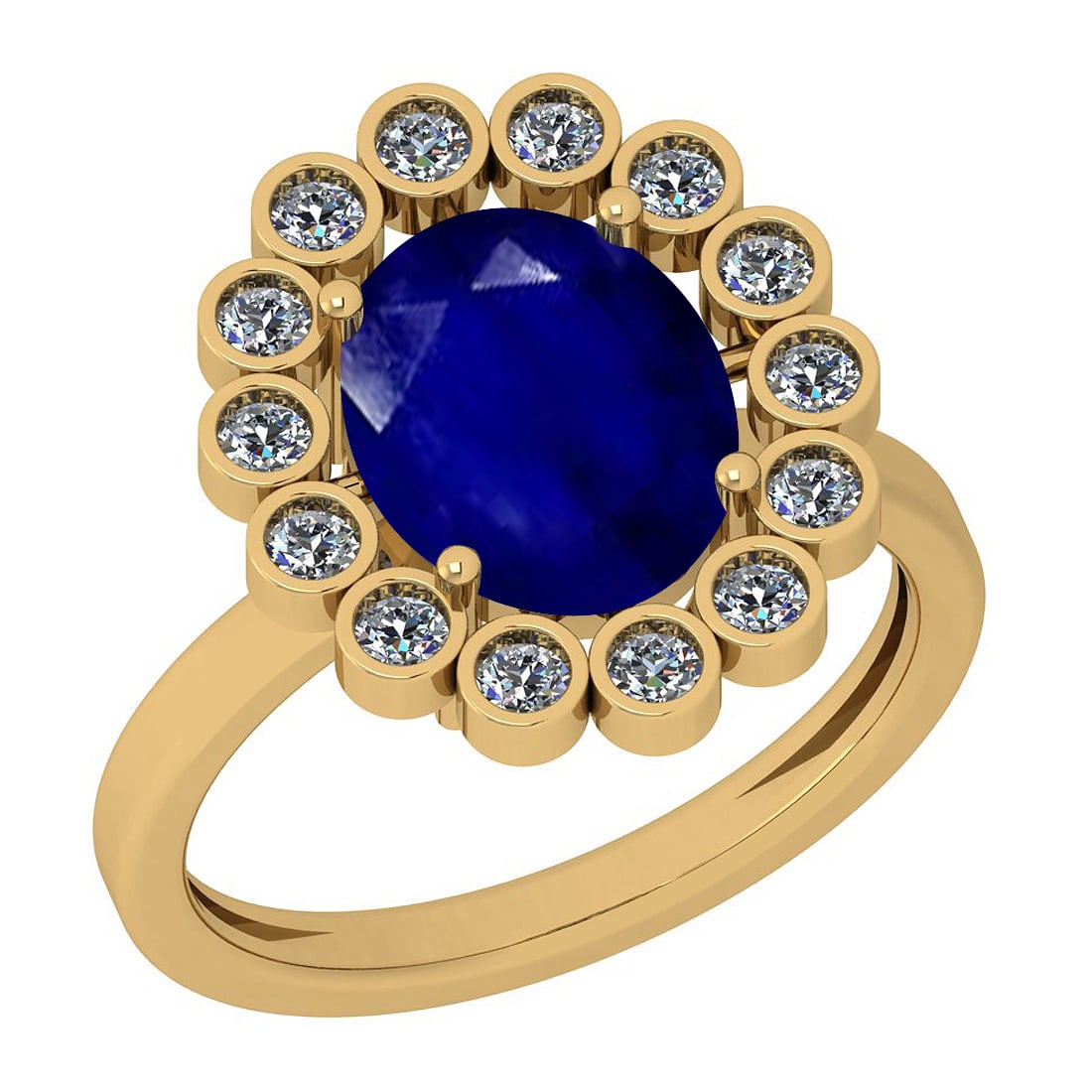 2.42 Ctw I2/I3 Blue Sapphire And Diamond 14K Yellow Gold Ring: Color Stone Weight : 2.00 Ctw (1 Psc Oval ) Center Stone Color : Blue Sapphire Center Stone Setting : Prong Side Stone Weight Of Ctw 0.42 Ctw Side Stone Color : J-K Stone Clarity : I2/I3 Stone Setting