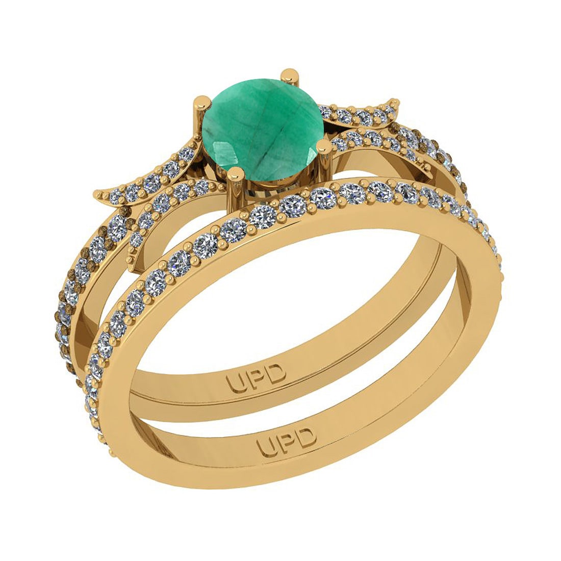 1.01 Ctw SI2/I1 Emerald And Diamond 14K Yellow Gold Anniversary Set Band Ri: Center Stone Weight : 0.50 Ctw ( Round Cut) Center Stone Color :-Emerald Stone Setting : Prong Side Stone Weight Of Ctw 0.51 Ctw Side Stone Color : J-K Stone Clarity : SI2/I1 Stone Setting : Prong Met