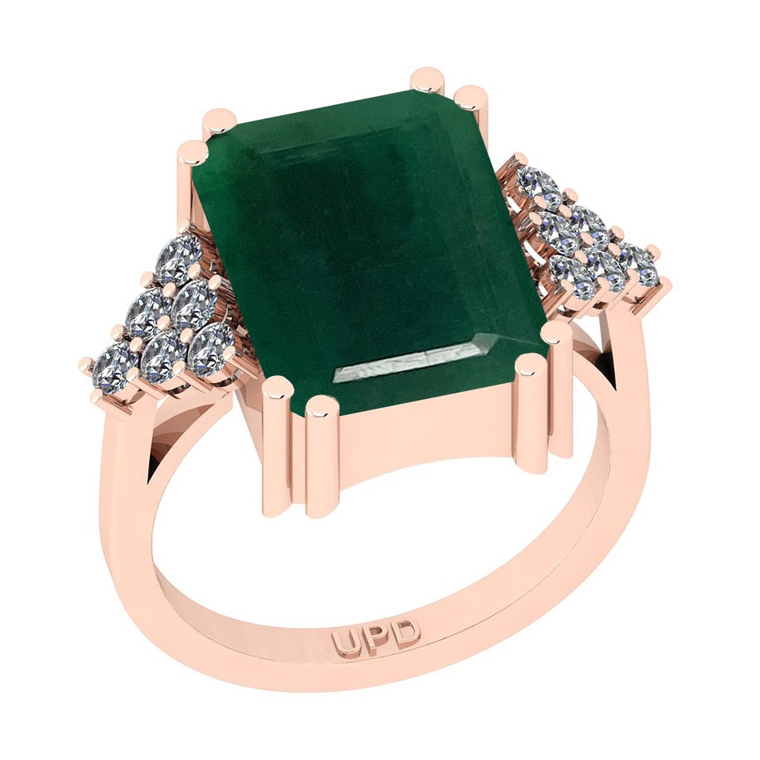 8.37 Ctw SI2/I1 Emerald And Diamond 14K Rose Gold Cocktail Engagement Ring: Center Stone Weight : 7.95 Ctw ( Emerald Cut) Center Stone Color :-Emerald Stone Setting : Prong Side Stone Weight Of Ctw 0.42 Ctw Side Stone Color : J-K Stone Clarity : SI2/I1 Stone Setting : Prong M