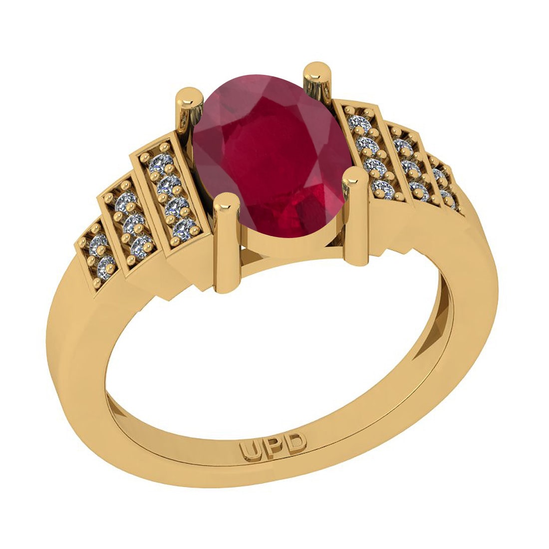 1.35 Ctw SI2/I1 Ruby And Diamond 14K Yellow Gold Ring: Center Stone Weight : 1.25 Ctw (Oval Cut ) Center Stone Color : Ruby Center Stone Setting : Prong Side Stone Weight Of Ctw 0.10 Ctw Side Stone Color : G-H Stone Clarity : SI2/I1 Stone Setting : Prong 