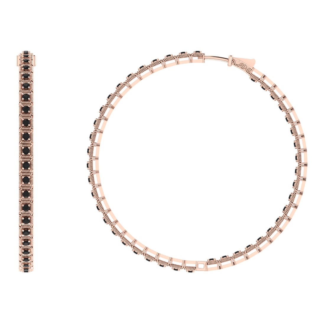 0.42 Ctw i2/i3 Treated Fancy Black Diamond 14K Rose Gold Hoop Earrings: Center Diamond Weight : 0.42 Ctw (Round Cut) Center Diamond Color :-Treated Fancy Black Diamond Center Clarity : i2/i3 Stone Setting : Prong Metal Weight : Approx 7.50 Gram 14K Rose Gold Hoop Earrings