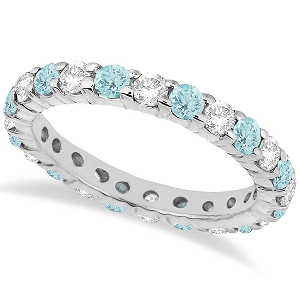 Eternity Diamond and Aquamarine Ring Band 14k White Gold 2.40ctw: CENTER STONE; Aquamarine CENTER STONE CLARITY; CENTER STONE COLOR; Blue CENTER STONE SETTING; Prong SIDE STONE CLARITY; SI SIDE STONE COLOR; J-K SIDE STONE SETTING; Prong ctw OF SIDE STONE: 1 SIDE STO